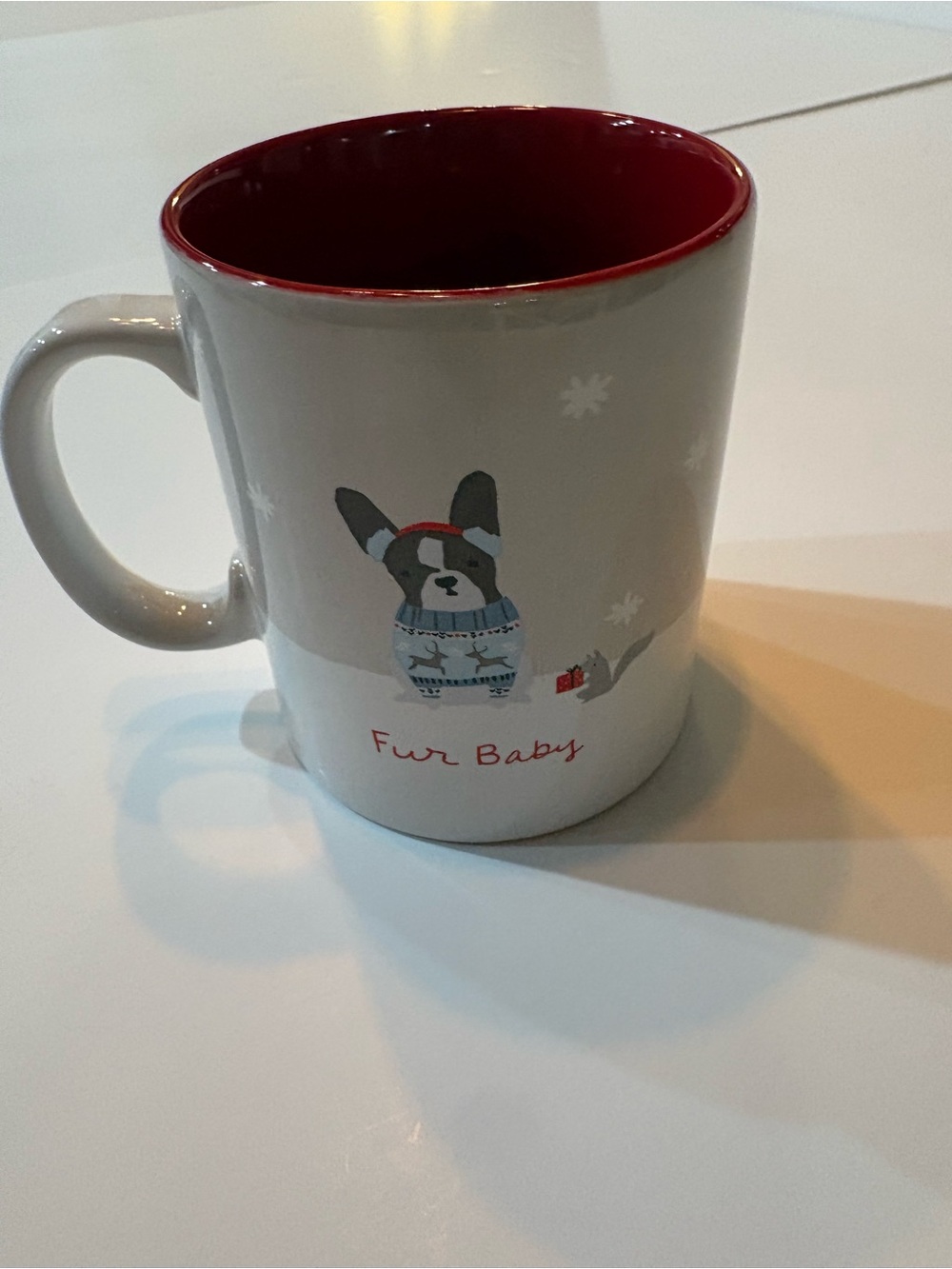Fur Baby Grey and Red Ceramic Mug, dog wearing a sweater in the snow
